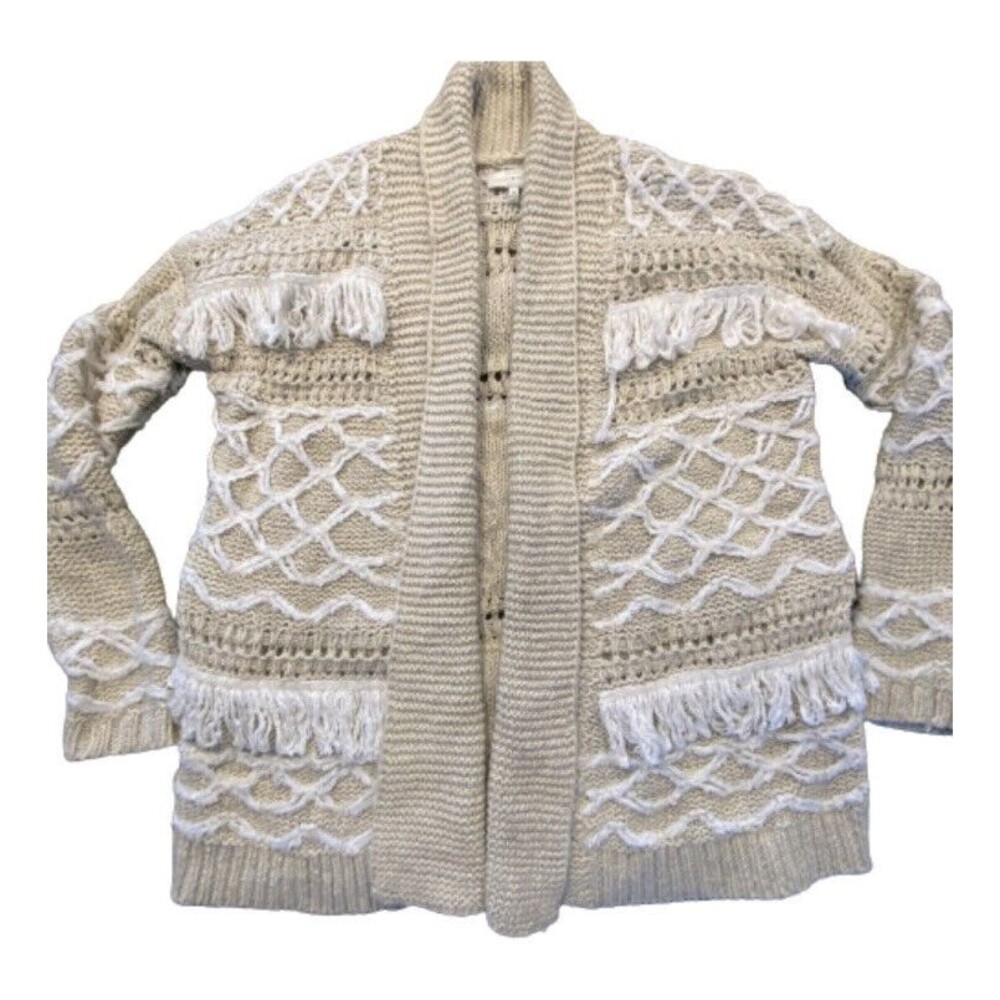 Lucky Brand Womens Cardigan Medium Tan Fringe Open Chunky Boho Jumper Western